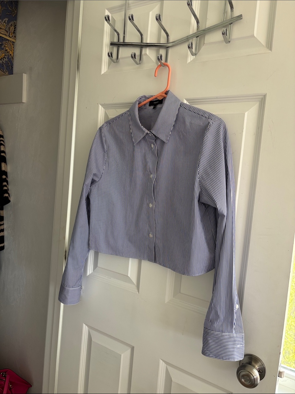 Theory Blue and White Striped Cropped Button-Down Blouse
